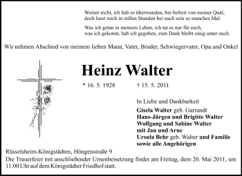 Traueranzeige von Heinz Walter von Rüsselsheimer Echo, Groß-Gerauer-Echo, Ried Echo