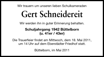 Traueranzeige von Gert Schneidereit  von Rüsselsheimer Echo, Groß-Gerauer-Echo, Ried Echo