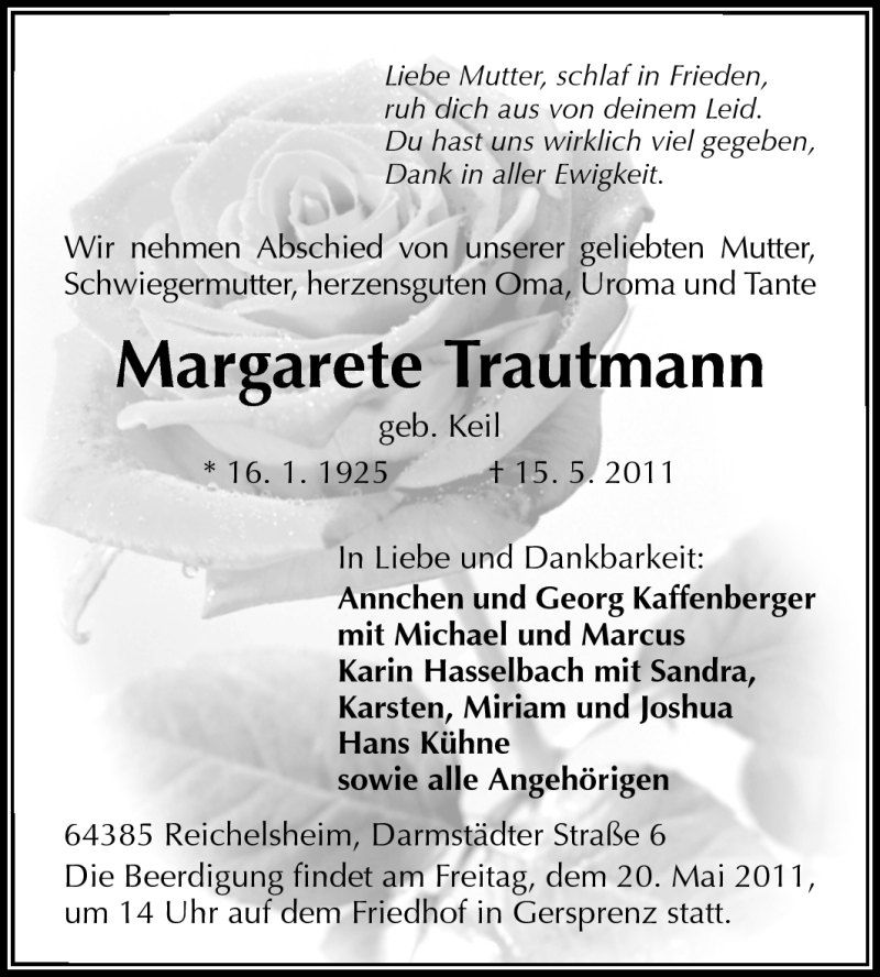  Traueranzeige für Margarete Trautmann vom 18.05.2011 aus Odenwälder Echo