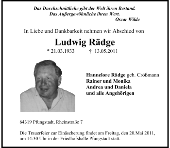 Traueranzeige von Ludwig Rädge von Echo-Zeitungen (Gesamtausgabe)