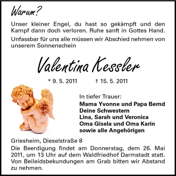 Traueranzeige von Valentina Kessler von Echo-Zeitungen (Gesamtausgabe)