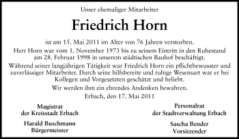Traueranzeige von Friedrich Horn von Odenwälder Echo