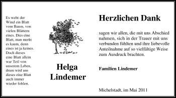 Traueranzeige von Helga Lindemer von Odenwälder Echo