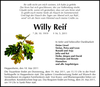 Traueranzeige von Willy Reif von Starkenburger Echo, Bergsträßer Anzeiger