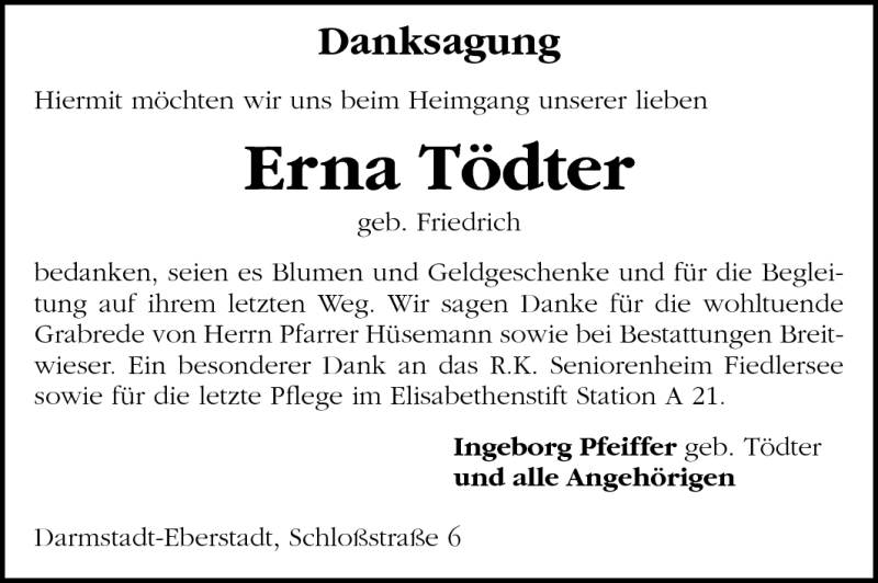  Traueranzeige für Erna Tödter vom 21.05.2011 aus Echo-Zeitungen (Gesamtausgabe)