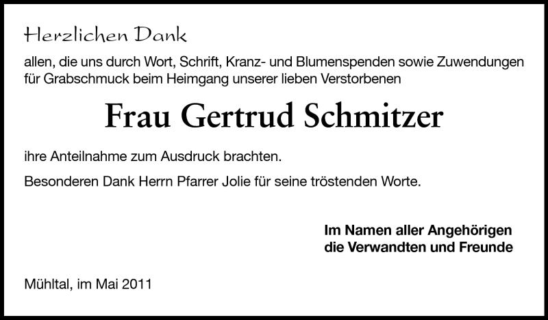  Traueranzeige für Gertrud Schmitzer vom 21.05.2011 aus Echo-Zeitungen (Gesamtausgabe)