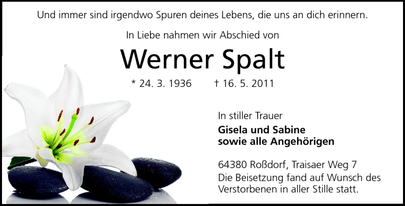  Traueranzeige für Werner Spalt vom 21.05.2011 aus Echo-Zeitungen (Gesamtausgabe)