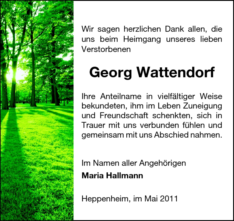  Traueranzeige für Georg Wattendorf vom 21.05.2011 aus Starkenburger Echo