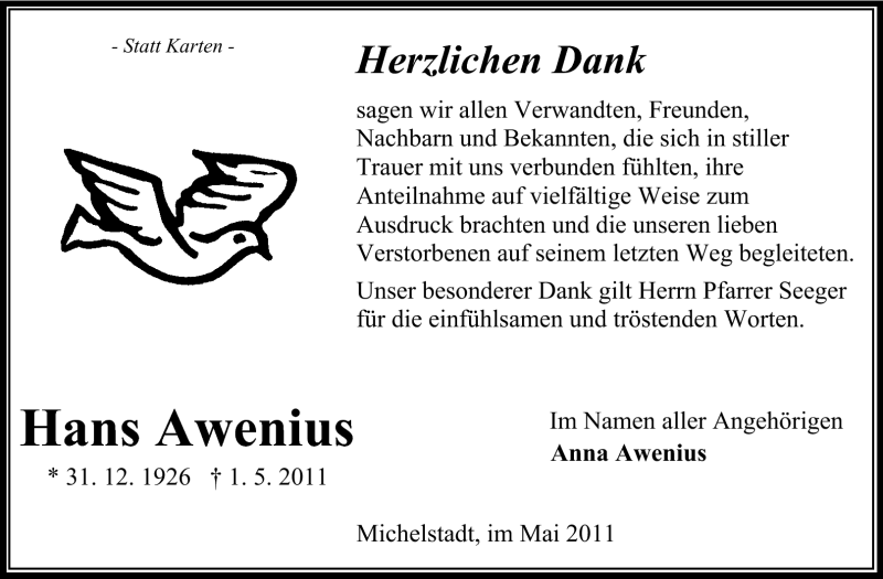  Traueranzeige für Hans Awenius vom 21.05.2011 aus Odenwälder Echo