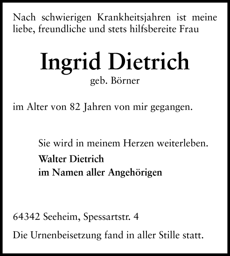  Traueranzeige für Ingrid Dietrich vom 21.05.2011 aus Echo-Zeitungen (Gesamtausgabe)