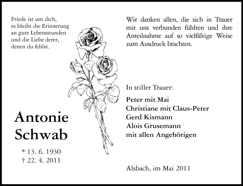  Traueranzeige für Antonie Schwab vom 21.05.2011 aus Echo-Zeitungen (Gesamtausgabe)