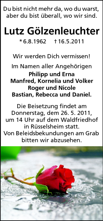 Traueranzeige von Lutz Gölzenleuchter von Rüsselsheimer Echo, Groß-Gerauer-Echo, Ried Echo