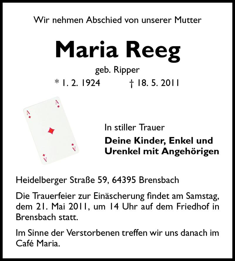  Traueranzeige für Maria Reeg vom 19.05.2011 aus Echo-Zeitungen (Gesamtausgabe)