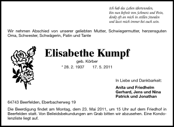 Traueranzeige von Elisabethe Kumpf von Odenwälder Echo