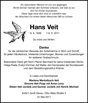 Traueranzeige von Hans Veit von Rüsselsheimer Echo, Groß-Gerauer-Echo, Ried Echo