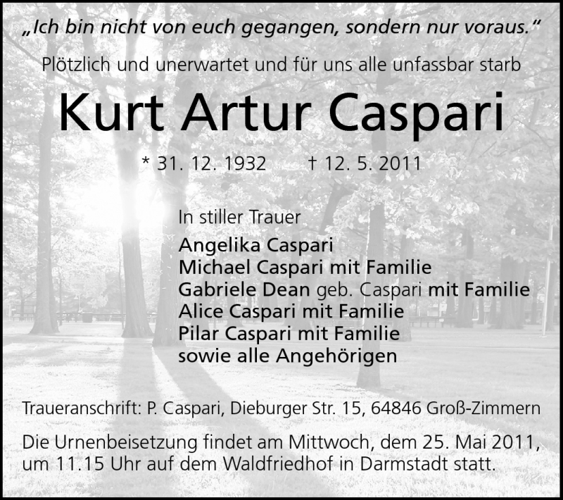  Traueranzeige für Kurt Artur Caspari vom 21.05.2011 aus Echo-Zeitungen (Gesamtausgabe)
