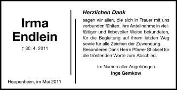 Traueranzeige von Irma Endlein von Starkenburger Echo