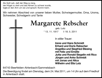 Traueranzeige von Margarete Rebscher von Odenwälder Echo