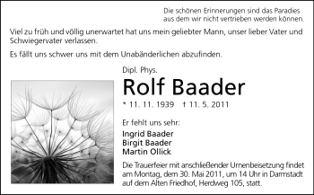 Traueranzeige von Rolf Baader von Echo-Zeitungen (Gesamtausgabe)