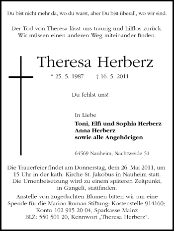 Traueranzeige von Theresa Herberz von Rüsselsheimer Echo, Groß-Gerauer-Echo, Ried Echo