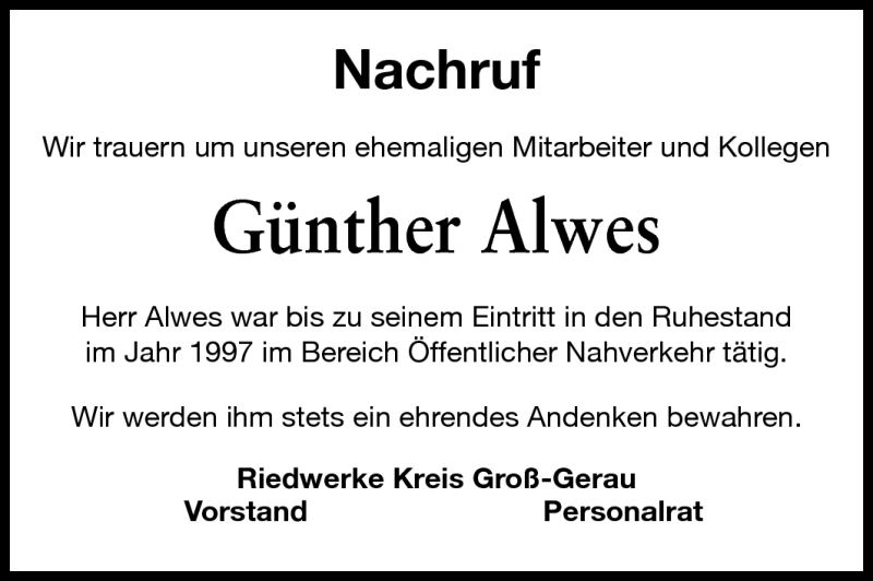  Traueranzeige für Günther Alwes vom 20.05.2011 aus Rüsselsheimer Echo, Groß-Gerauer-Echo, Ried Echo