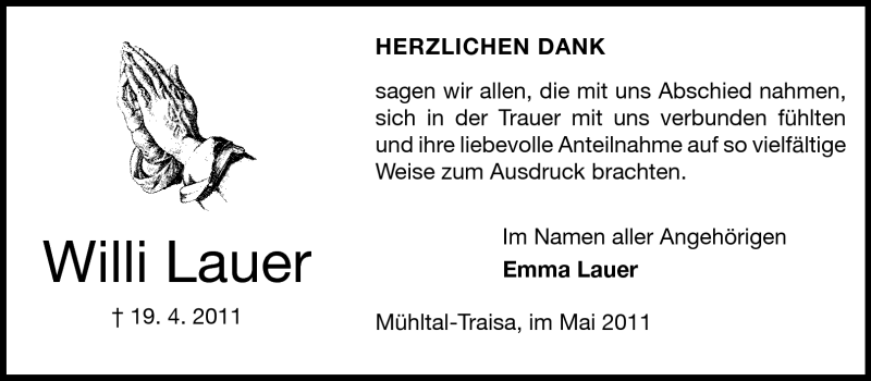  Traueranzeige für Willi Lauer vom 21.05.2011 aus Darmstädter Echo, Odenwälder Echo, Rüsselsheimer Echo, Groß-Gerauer-Echo, Ried Echo