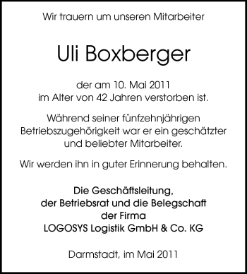 Traueranzeige von Uli Boxberger von Darmstädter Echo, Odenwälder Echo, Rüsselsheimer Echo, Groß-Gerauer-Echo, Ried Echo