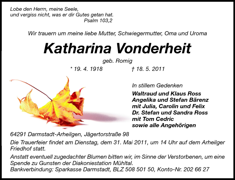  Traueranzeige für Katharina Vonderheit vom 21.05.2011 aus Echo-Zeitungen (Gesamtausgabe)