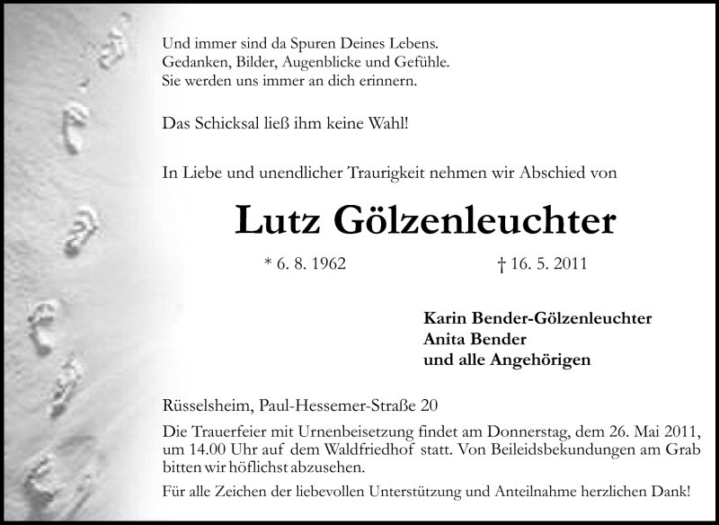  Traueranzeige für Lutz Gölzenleuchter vom 21.05.2011 aus Rüsselsheimer Echo, Groß-Gerauer-Echo, Ried Echo
