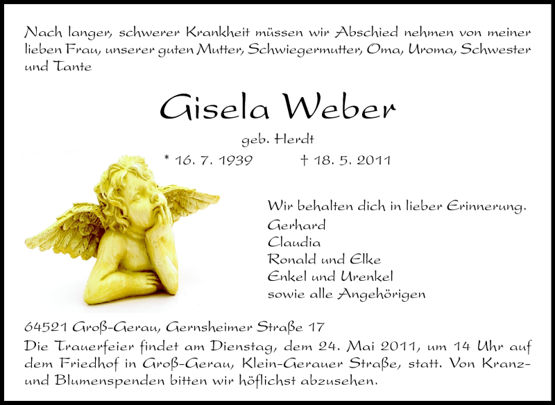  Traueranzeige für Gisela Weber vom 21.05.2011 aus Rüsselsheimer Echo, Groß-Gerauer-Echo, Ried Echo