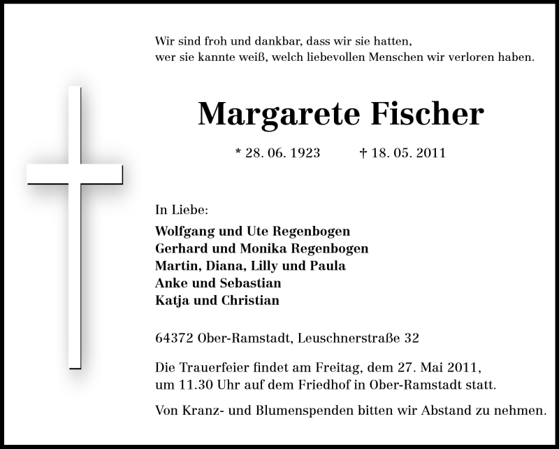 Traueranzeige für Margarete Fischer vom 21.05.2011 aus Echo-Zeitungen (Gesamtausgabe)