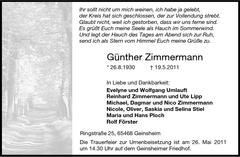  Traueranzeige für Günther Zimmermann vom 21.05.2011 aus Rüsselsheimer Echo, Groß-Gerauer-Echo, Ried Echo