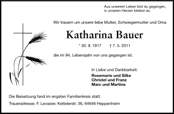 Traueranzeige von Katharina Bauer von Starkenburger Echo
