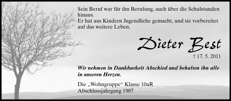  Traueranzeige für Dieter Best vom 21.05.2011 aus Odenwälder Echo