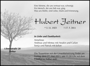 Traueranzeige von Hubert Jeitner von Rüsselsheimer Echo, Groß-Gerauer-Echo, Ried Echo