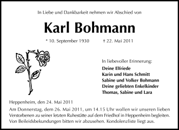 Traueranzeige von Karl Bohmann von Starkenburger Echo