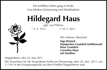 Traueranzeige von Hildegard Haus  von Starkenburger Echo