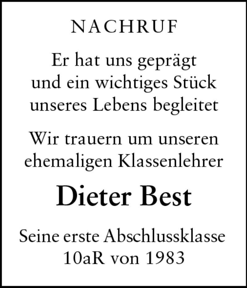  Traueranzeige für Dieter Best vom 24.05.2011 aus Odenwälder Echo