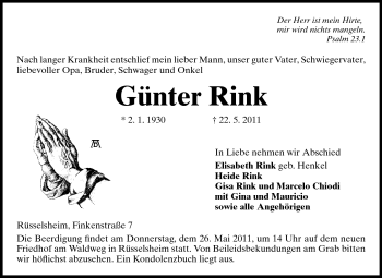 Traueranzeige von Günter Rink von Rüsselsheimer Echo, Groß-Gerauer-Echo, Ried Echo
