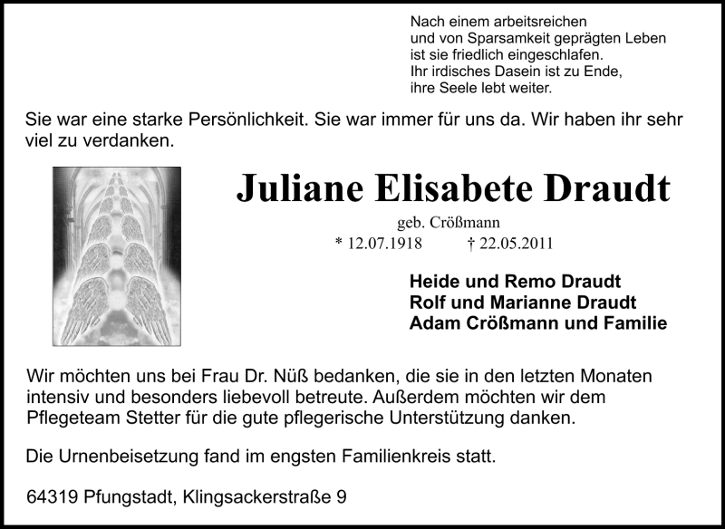  Traueranzeige für Juliane Elisabete Draudt vom 28.05.2011 aus Echo-Zeitungen (Gesamtausgabe)