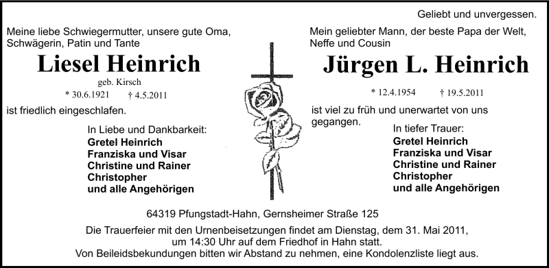  Traueranzeige für Liesel und Jürgen Heinrich vom 28.05.2011 aus Echo-Zeitungen (Gesamtausgabe)