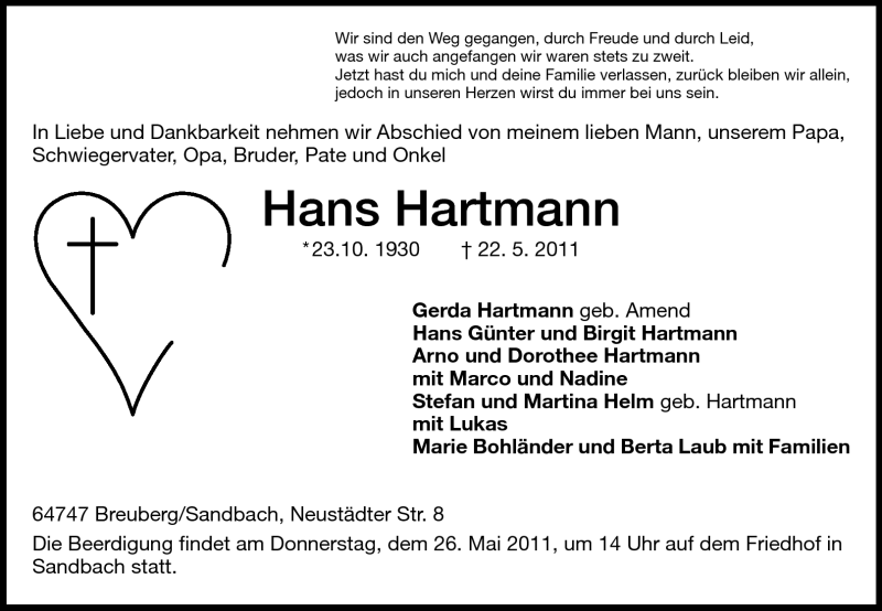  Traueranzeige für Hans Hartmann vom 24.05.2011 aus Odenwälder Echo