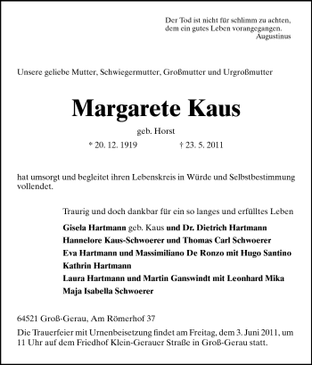 Traueranzeige von Margarete Kaus von Rüsselsheimer Echo, Groß-Gerauer-Echo, Ried Echo