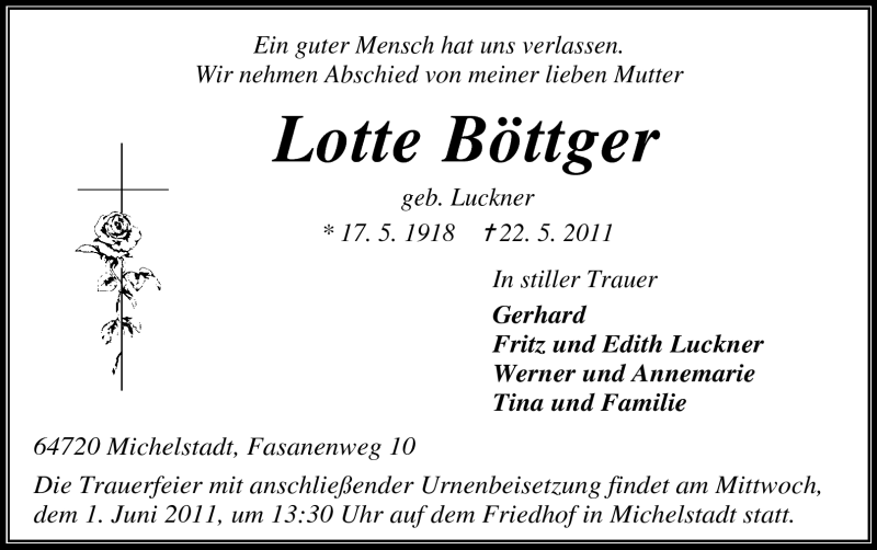  Traueranzeige für Lotte Böttger vom 25.05.2011 aus Odenwälder Echo