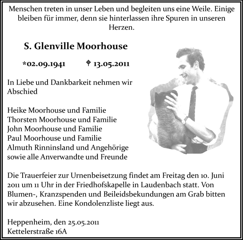  Traueranzeige für S. Glenville Moorhouse vom 26.05.2011 aus Starkenburger Echo