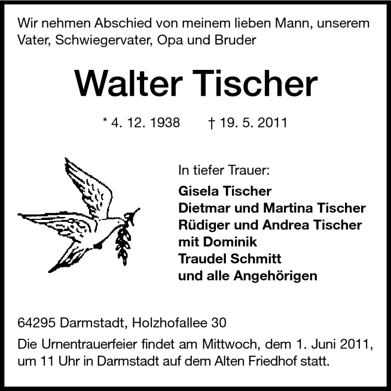  Traueranzeige für Walter Tischer  vom 28.05.2011 aus Echo-Zeitungen (Gesamtausgabe)