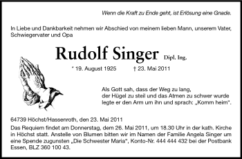 Traueranzeige von Rudolf Singer von Odenwälder Echo