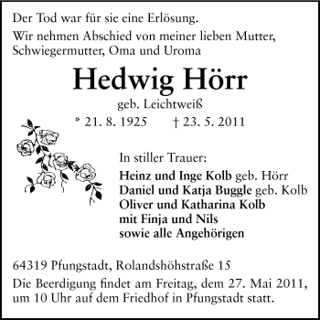 Traueranzeige von Hedwig Hörr von Echo-Zeitungen (Gesamtausgabe)