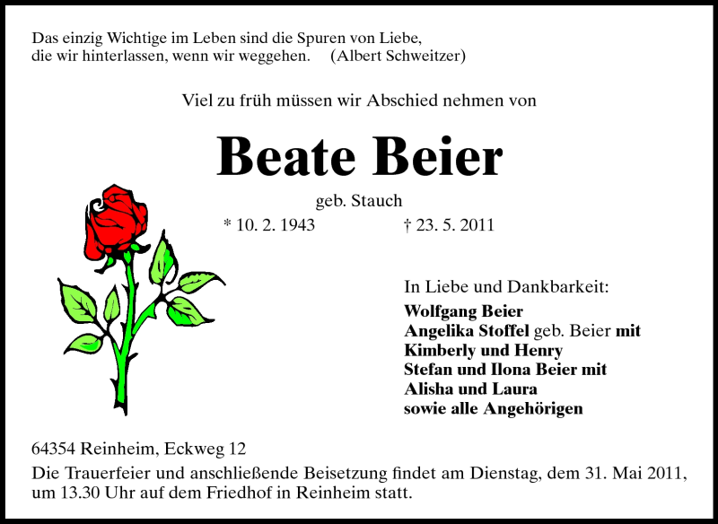  Traueranzeige für Beate Beier vom 28.05.2011 aus Darmstädter Echo, Odenwälder Echo, Rüsselsheimer Echo, Groß-Gerauer-Echo, Ried Echo