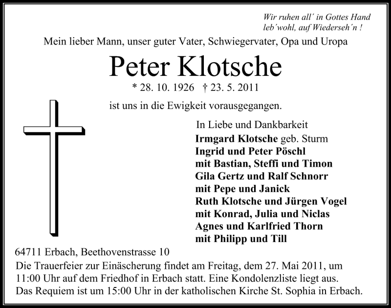  Traueranzeige für Peter Klotsche vom 25.05.2011 aus Echo-Zeitungen (Gesamtausgabe)